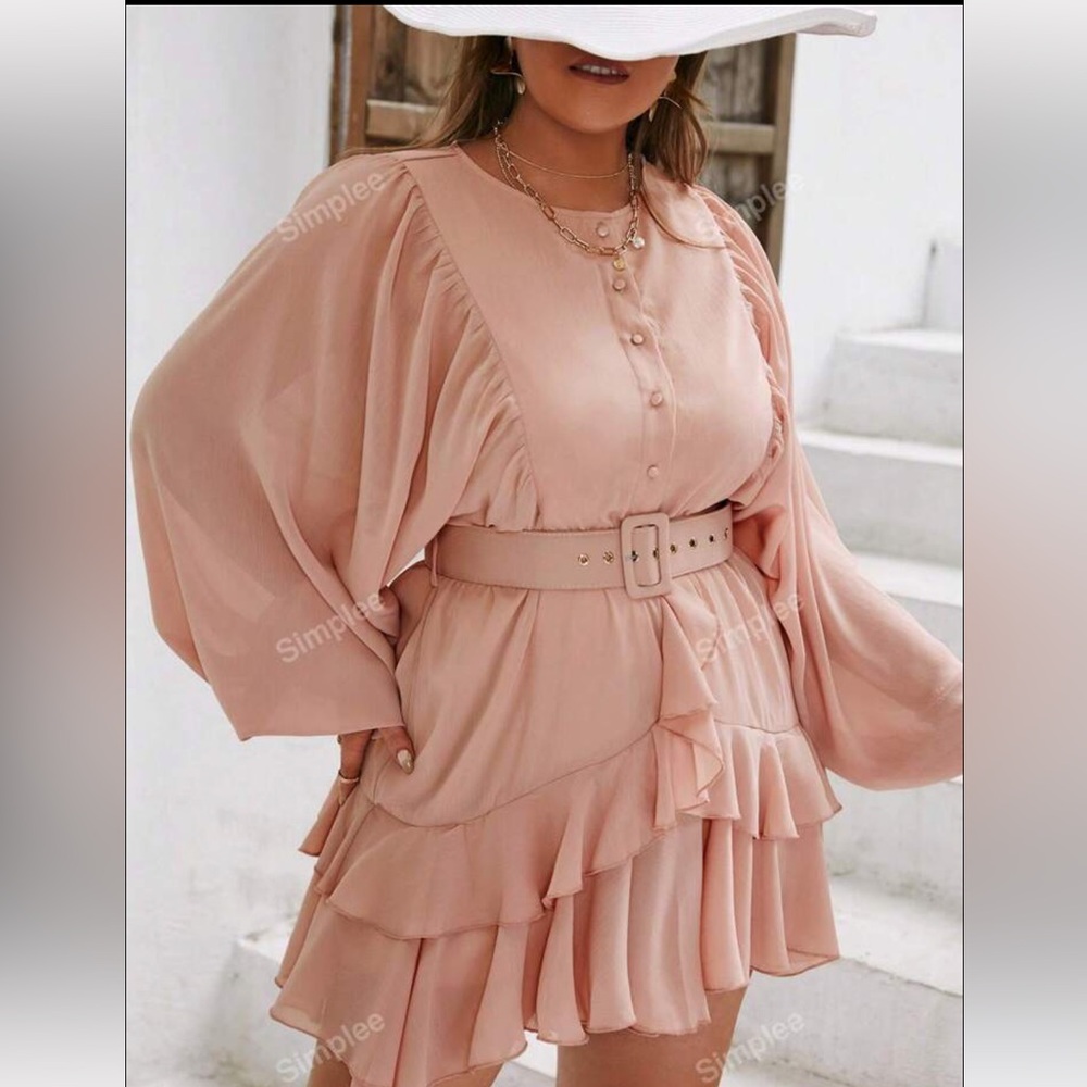 Plus Swiss Dot Lantern Sleeve Ruffle Trim Dress With Belt - Picture 2 of 3